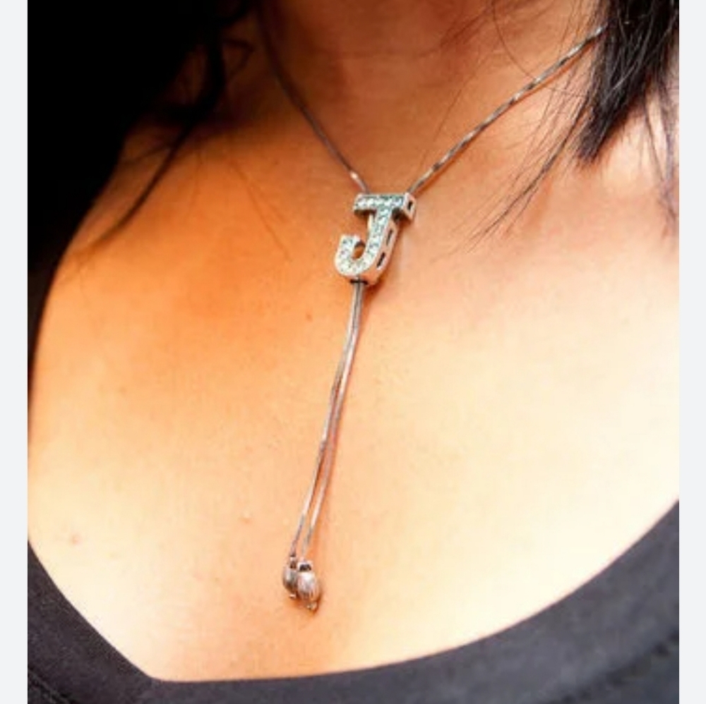 Silver Rhinestone Initial‎ J Pendant with Chain MB